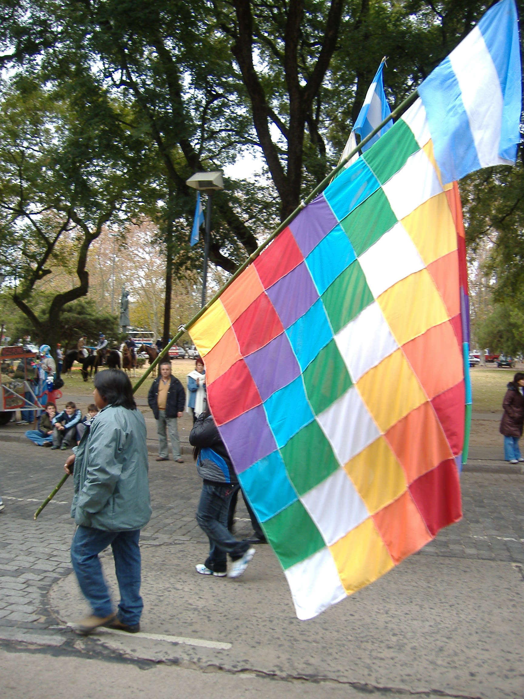 Indigenous woman carrying a Wiphala alongside the Argentine flag, symbolizing the ongoing struggle for indigenous rights and recognition.