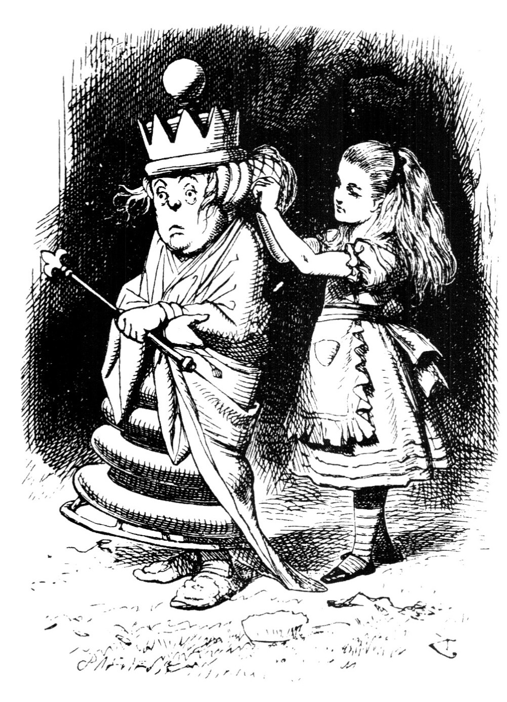 ภาพประกอบของเทนเนียลสำหรับ อลิซ ผจญภัยเมืองกระจก (ค.ศ. 1871): อลิซและราชินีขาว
