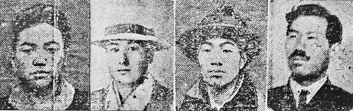 희생자 10명 중 9명의 얼굴 사진 (상단 왼쪽부터 기타지마 키치조, 스즈키 나오이치, 가와이 요시토라, 히라사와 케이시치).