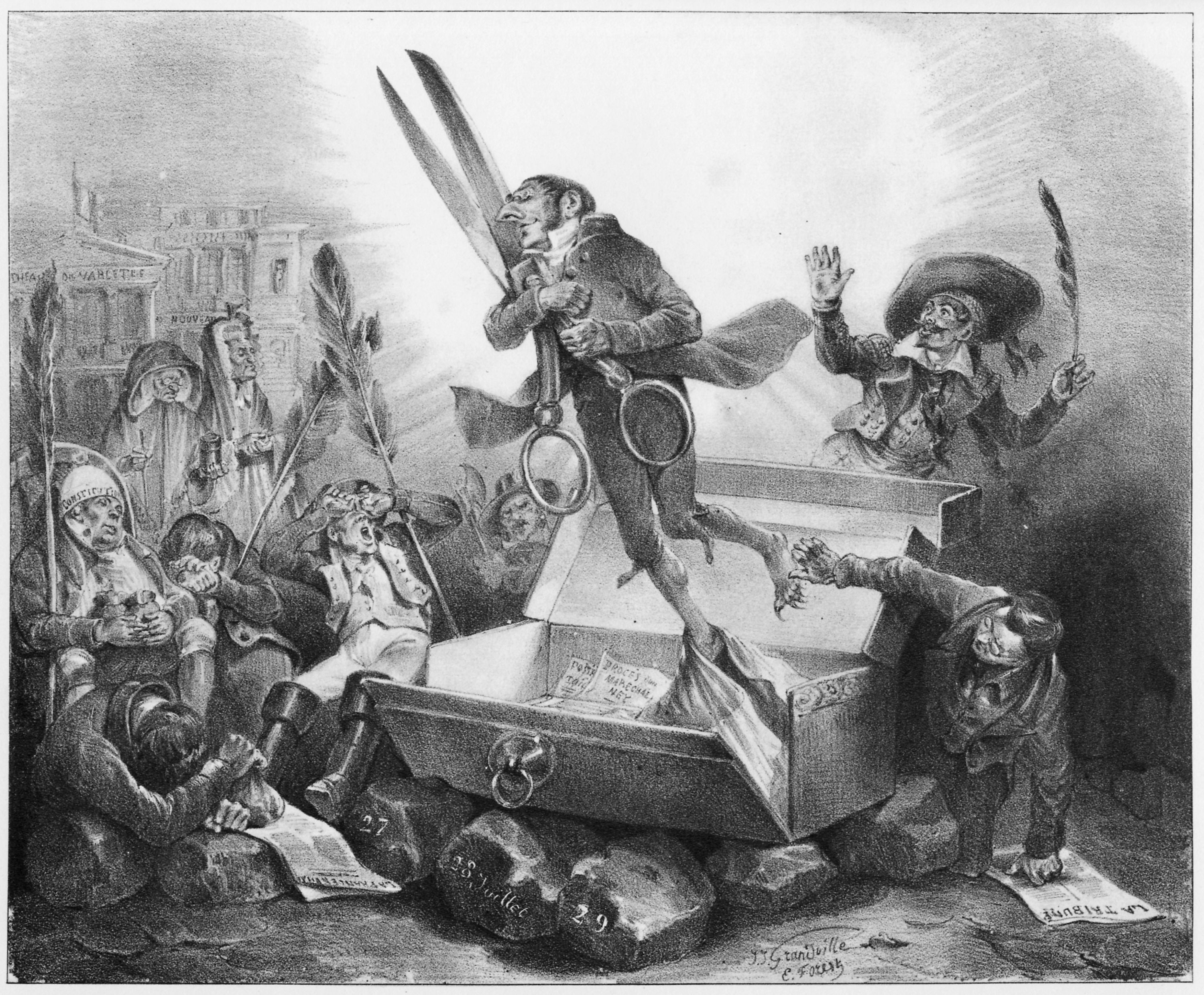 การฟื้นคืนชีพของการเซ็นเซอร์ (ค.ศ. 1832), จาก La Caricature, ขนาด 21.7 cm x 26.5 cm.