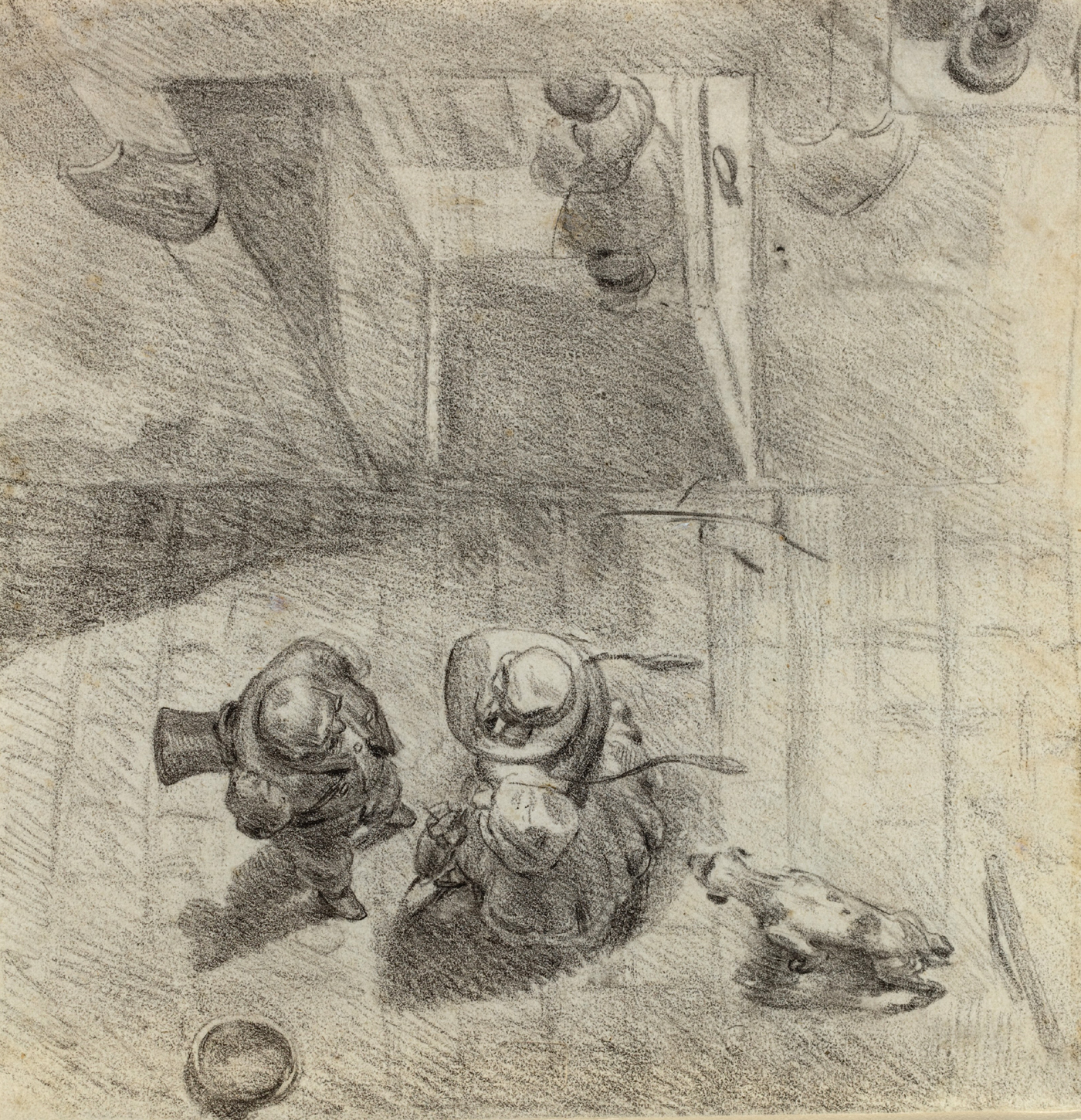 Bird's Eye View of a Man and Woman Conversing (c. 1830), graphite, 7.2 in (18.3 cm) x 7.0 in (17.8 cm).