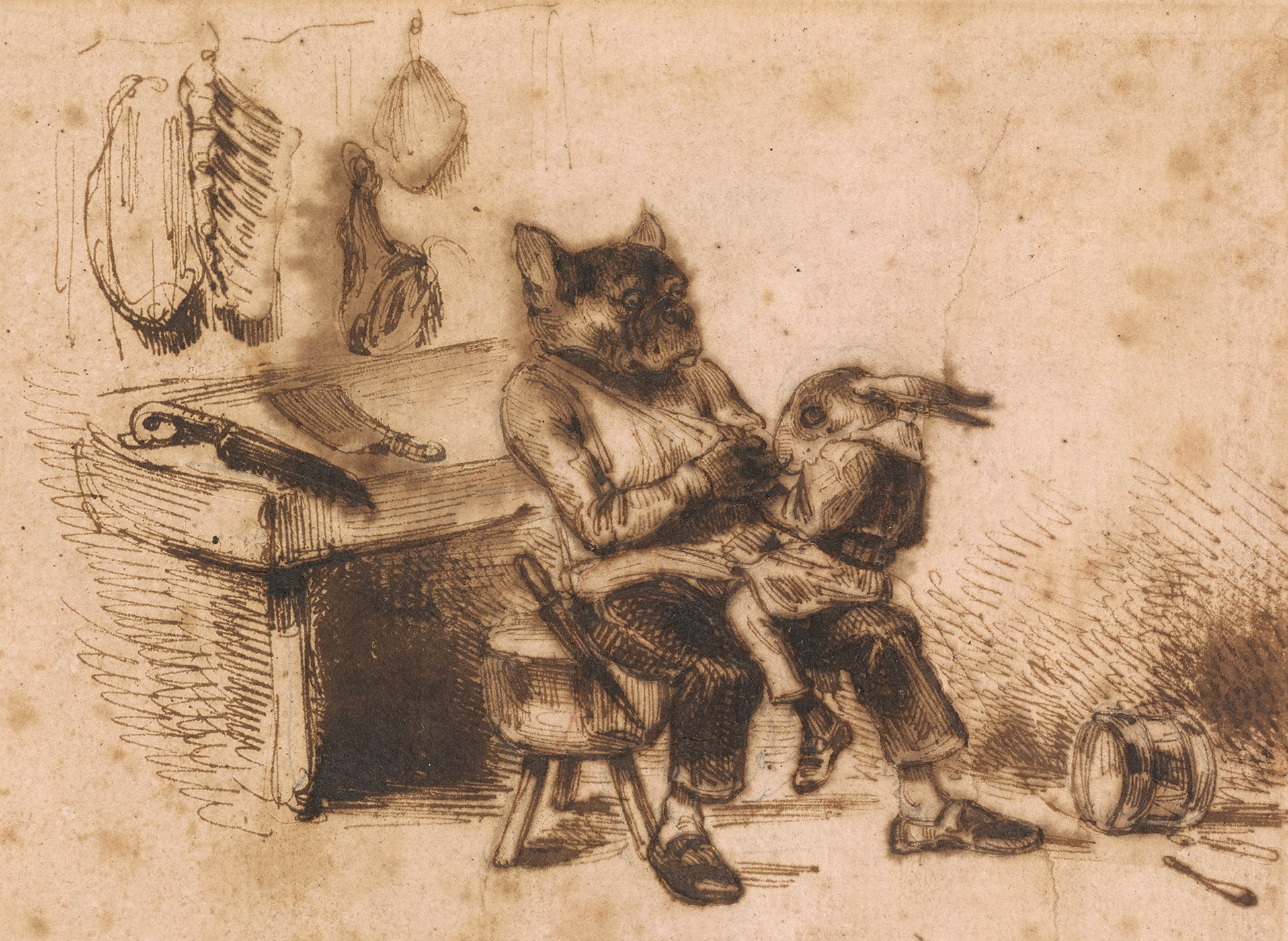 Seorang Tukang Daging Bulldog dengan Arnab di Lututnya (tidak bertarikh), pena & dakwat, Morgan Library & Museum.