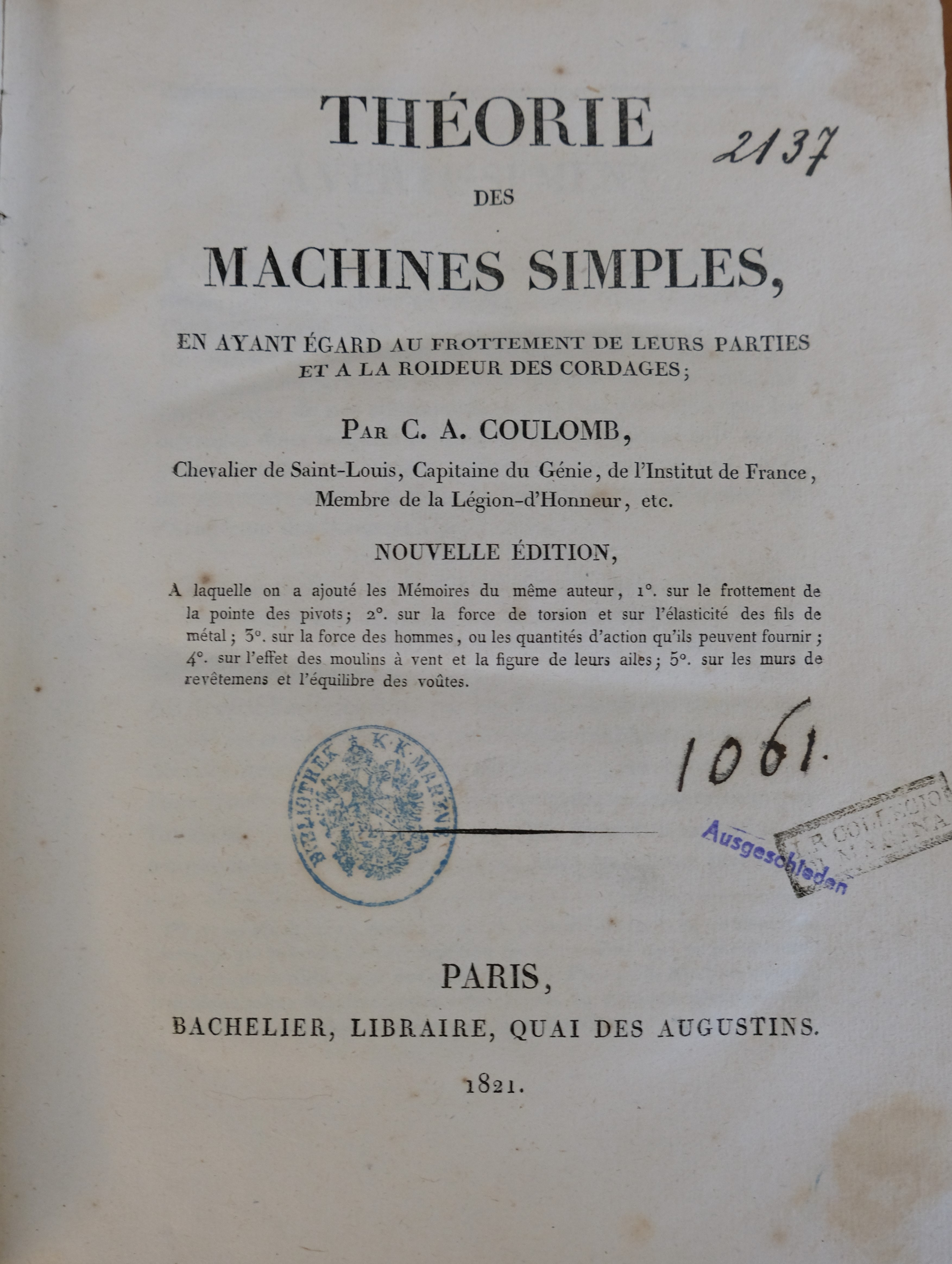 1821년에 출판된 『Théorie des machines simples단순 기계 이론프랑스어』 복사본의 표지