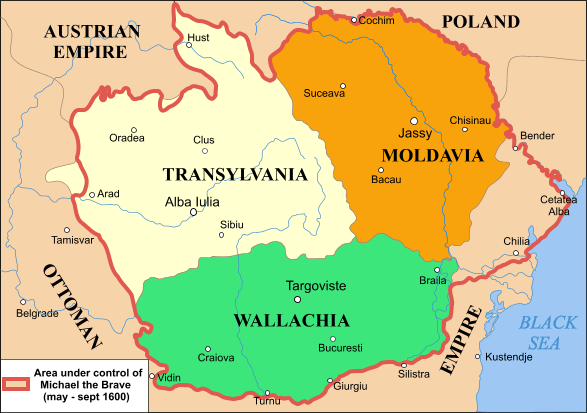 Semasa Perang Panjang Turki, Putera Wallachia Michael si Berani (digambarkan di kanan dalam imej kedua) memerintah secara ringkas ke atas tiga prinsipaliti zaman pertengahan iaitu Wallachia, Moldavia, dan Transylvania, meliputi sebahagian besar wilayah Romania masa kini.