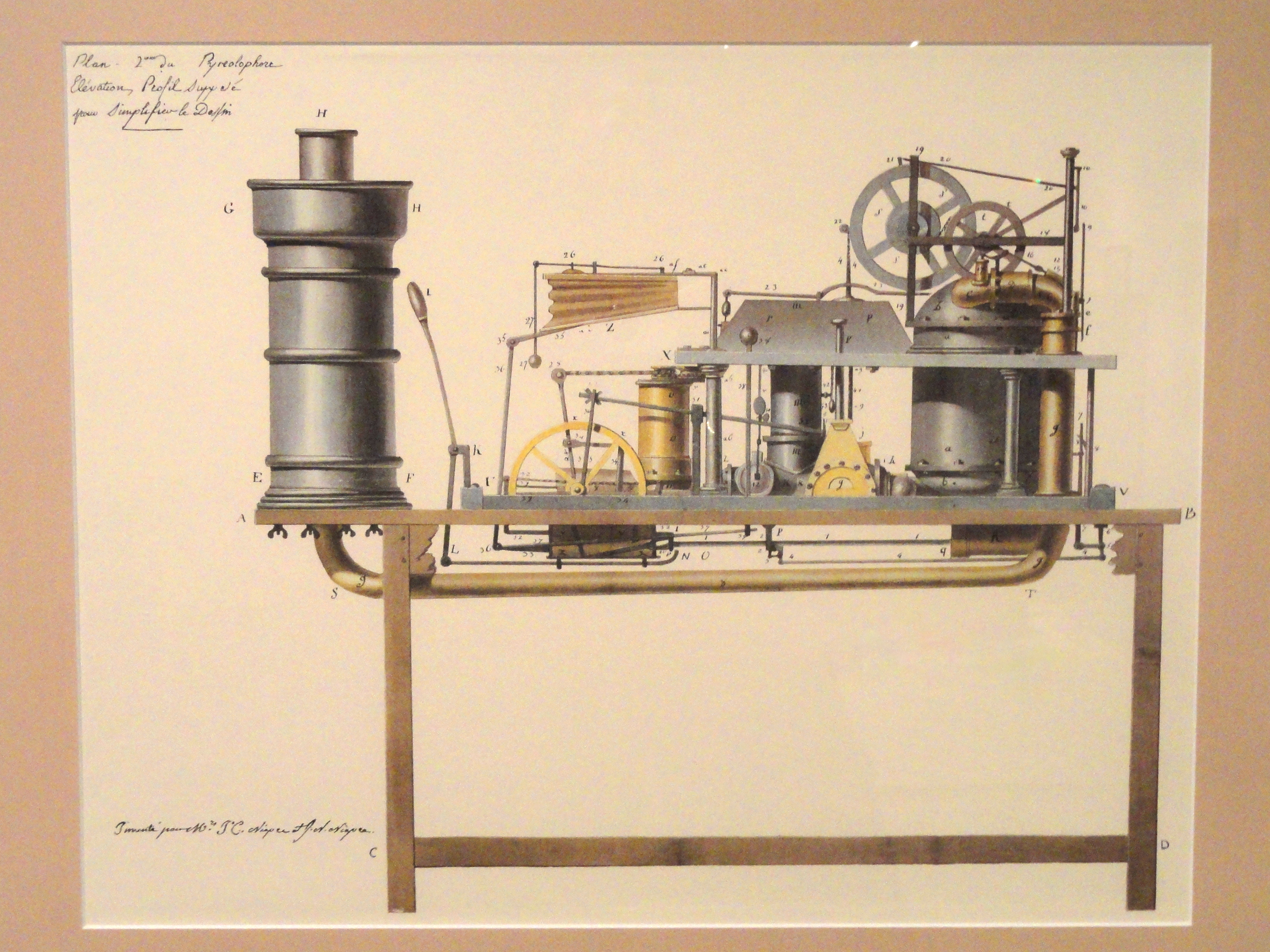 Diagram of the Pyréolophore, an early internal combustion engine developed by the Niépce brothers.