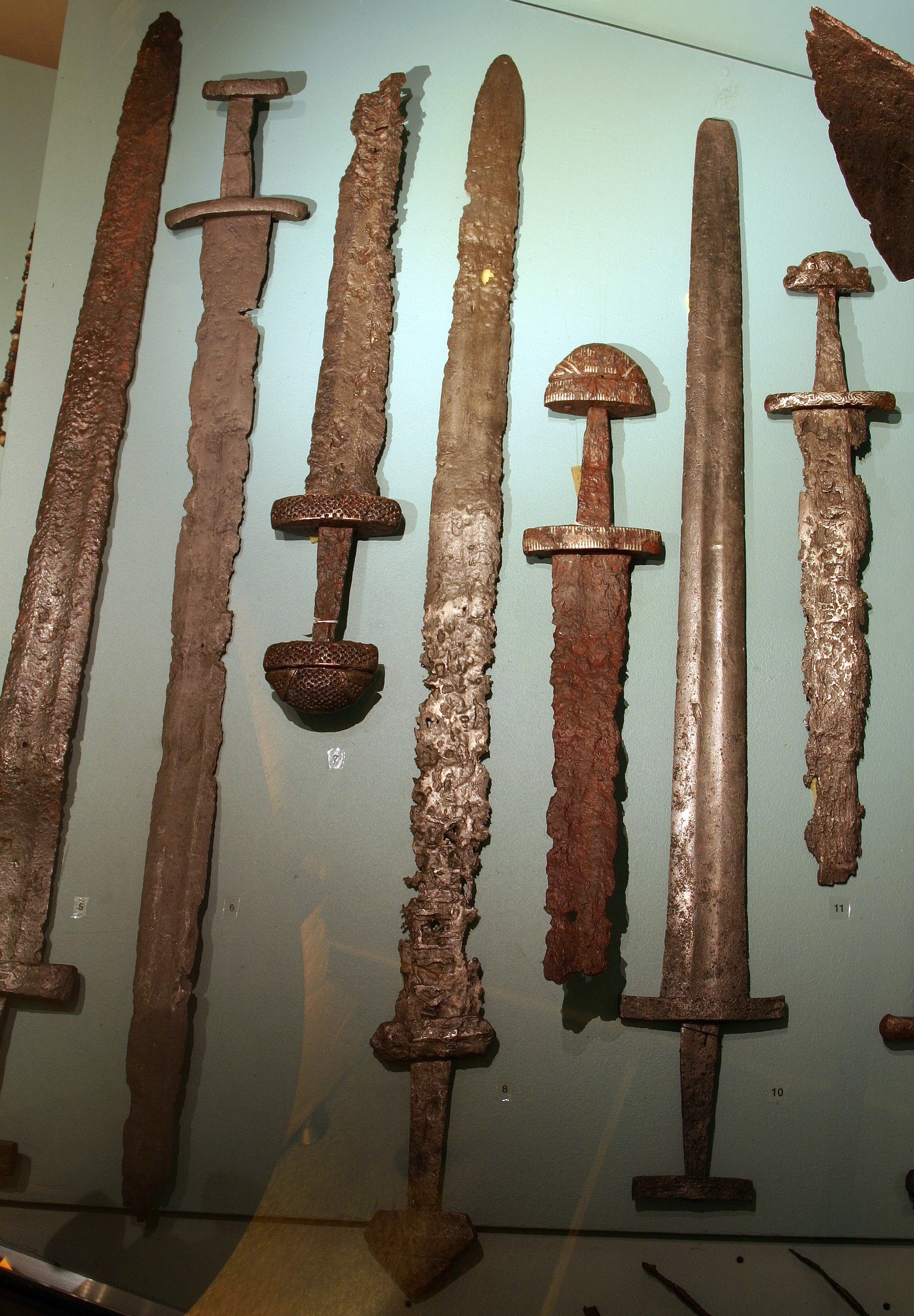 Viking swords found in Norway, displayed at the Bergen Museum.