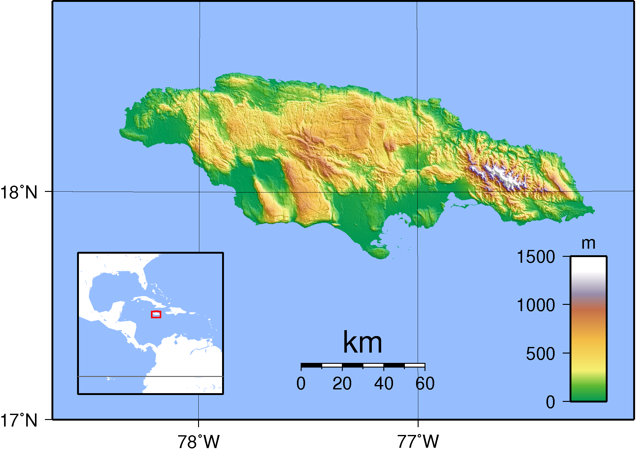 A topographic map of Jamaica showing its mountainous interior and coastal plains.