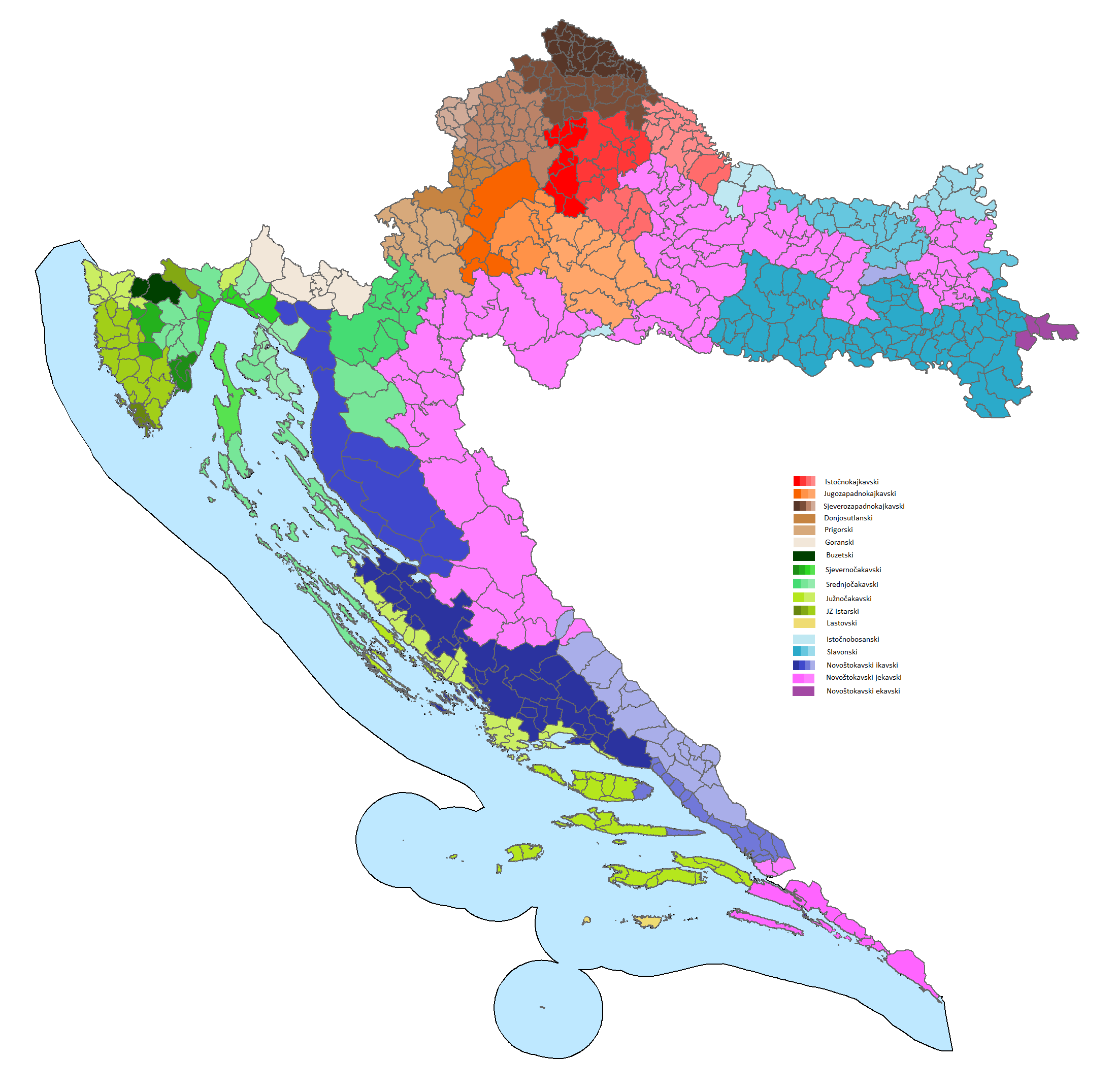 Peta dialek Shtokavia, Chakavia, dan Kajkavia di Kroasia berdasarkan munisipalitas