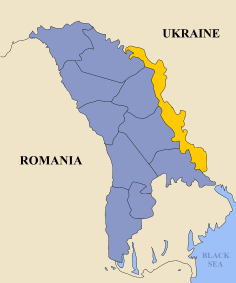 Bản đồ hành chính của Moldova. Vùng lãnh thổ Transnistria có màu vàng.