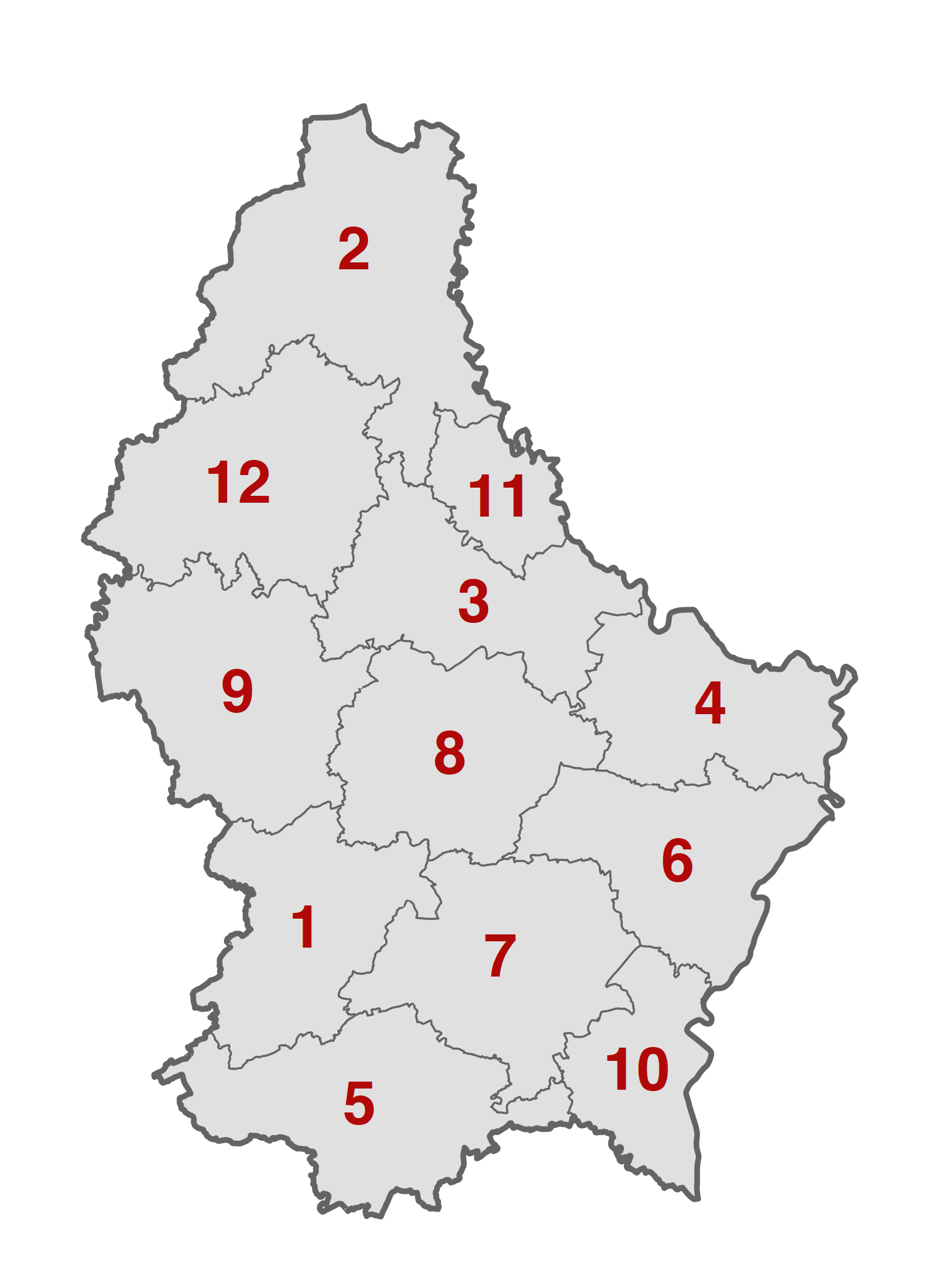 Map of the 12 Cantons of Luxembourg: Capellen (1), Clervaux (2), Diekirch (3), Echternach (4), Esch-sur-Alzette (5), Grevenmacher (6), Luxembourg (7), Mersch (8), Redange (9), Remich (10), Vianden (11), and Wiltz (12).