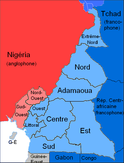 Bản đồ phân bố ngôn ngữ tại Cameroon. Màu xanh lam: tiếng Pháp; Màu đỏ: tiếng Anh; Màu xanh lam nhạt: các ngôn ngữ khác. Các vùng màu xanh lam đậm và đỏ đậm là các quốc gia láng giềng sử dụng tiếng Pháp và tiếng Anh. Vùng màu xám là các quốc gia láng giềng sử dụng tiếng Tây Ban Nha và Pháp.