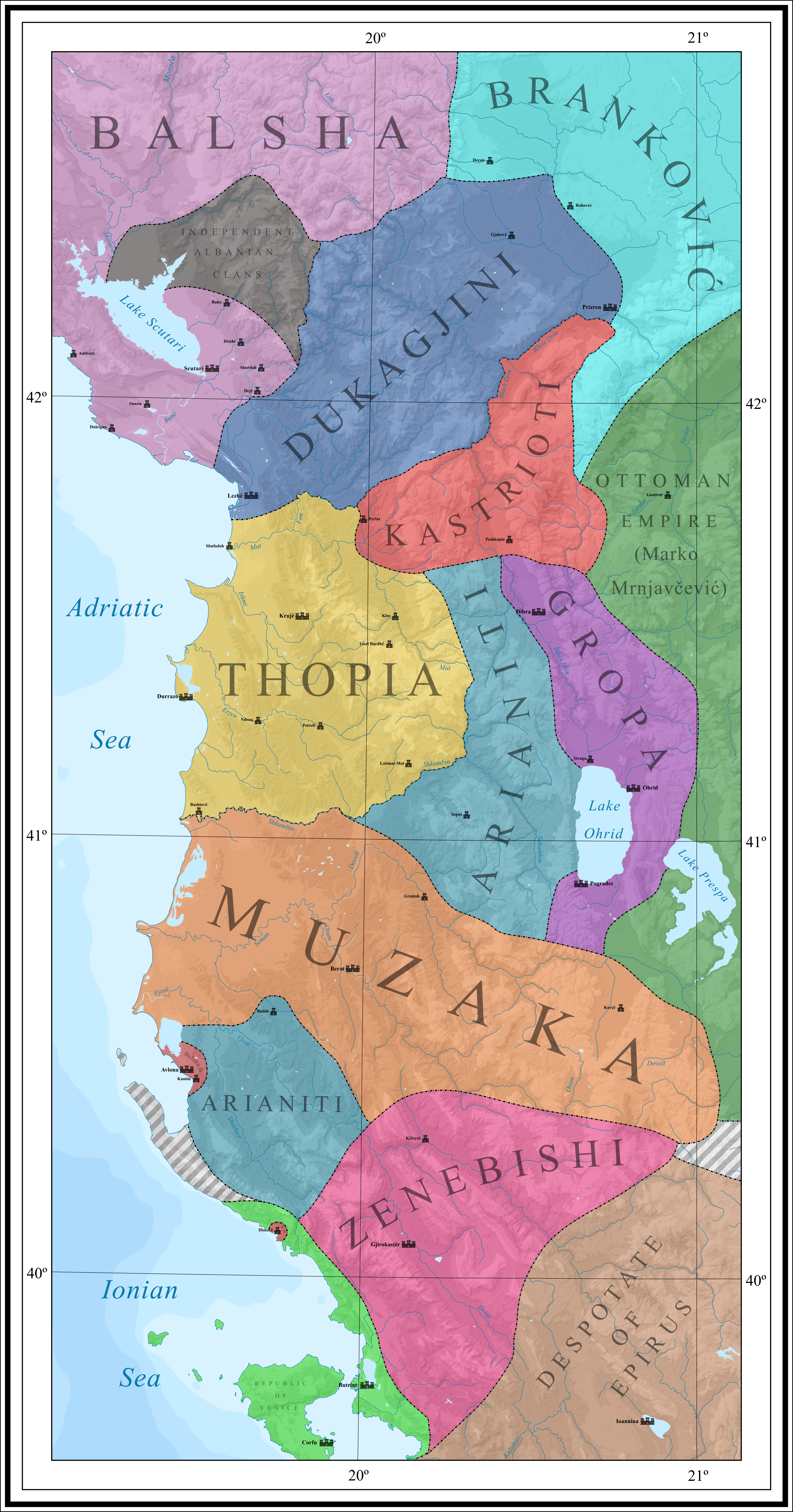 Kepangeranan-kepangeranan Albania, sekitar tahun 1390, tidak termasuk Kedespotan Arta