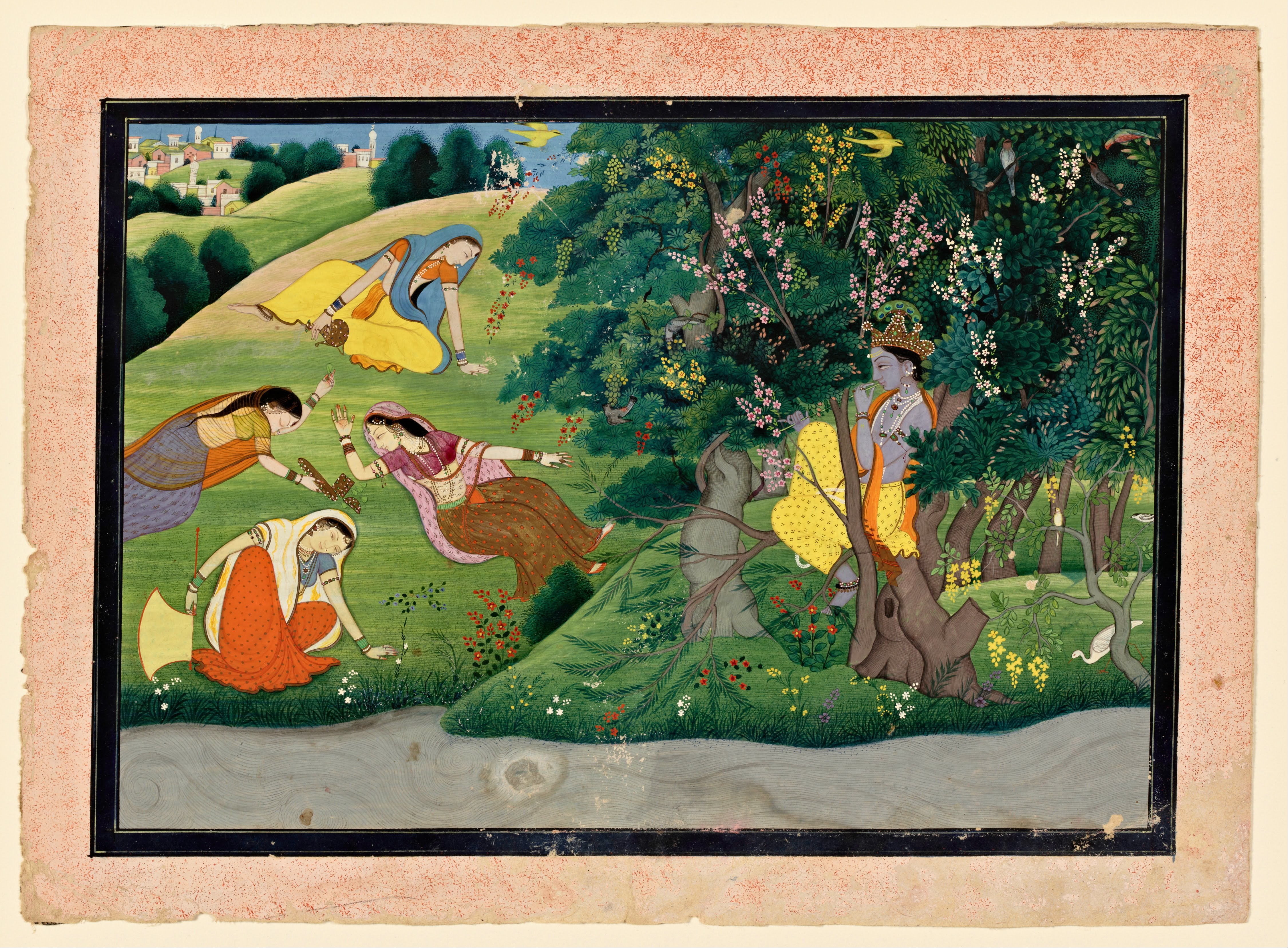 Krishna Fluting to the Milkmaids, Kangra painting, 1775-1785, representing a delicate and lyrical Rajput style, often depicting themes of love and devotion.