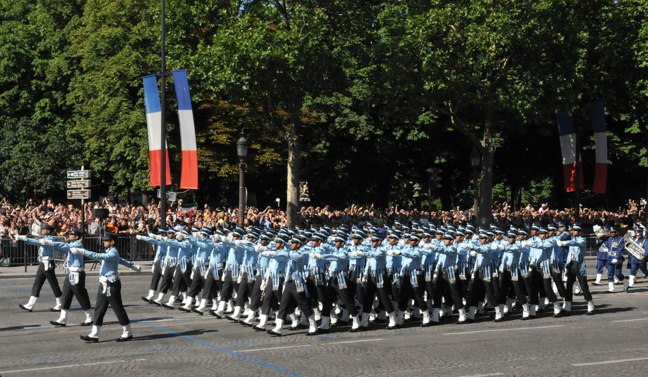The Indian Air Force contingent marching at the 221st Bastille Day military parade in Paris, on 14 July 2009, signifying international military cooperation and India's professional armed forces.
