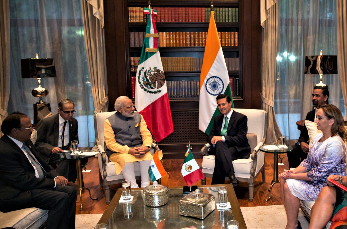 Prime Minister Narendra Modi of India (left, background) in talks with President Enrique Peña Nieto of Mexico during a visit to Mexico, 2016, illustrating India's engagement with countries in Latin America, expanding its diplomatic and economic reach.