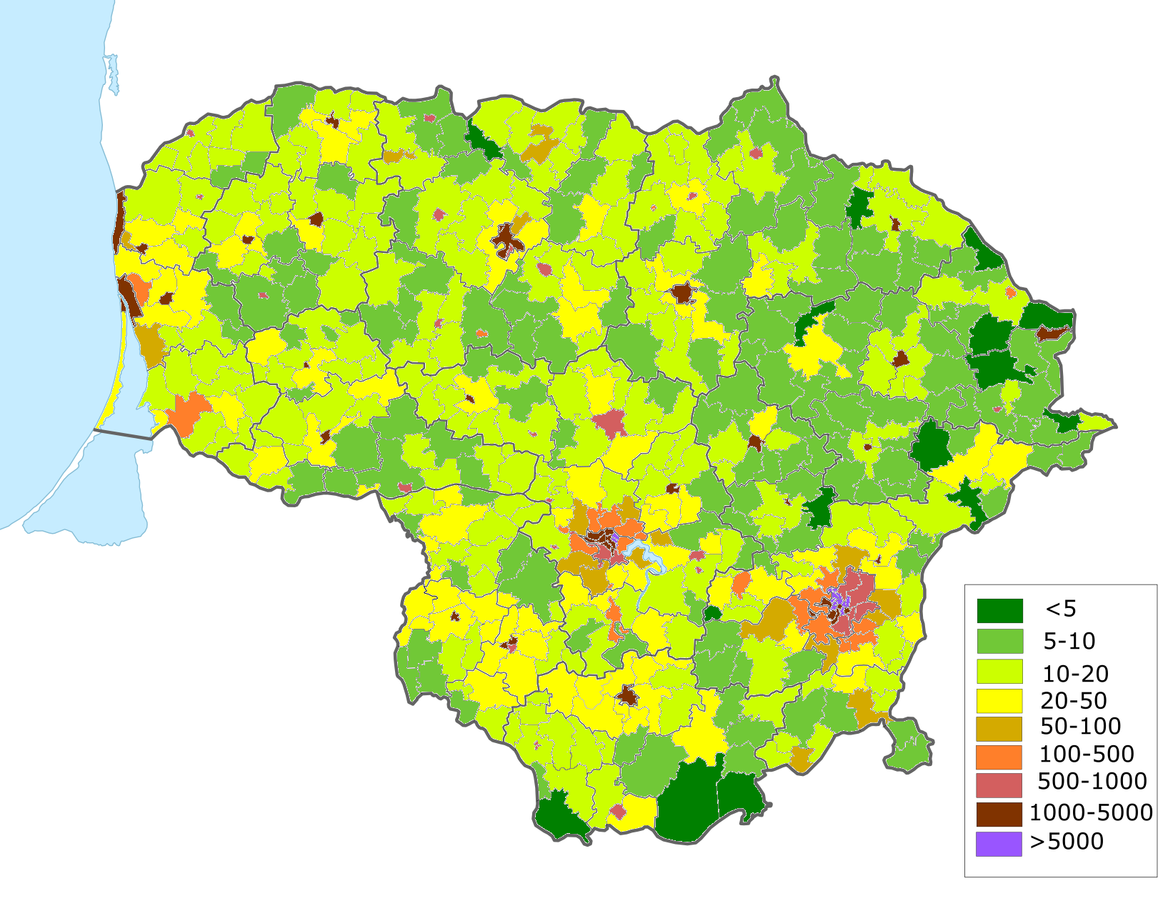 Population density in Lithuania by elderships, illustrating urban concentrations.