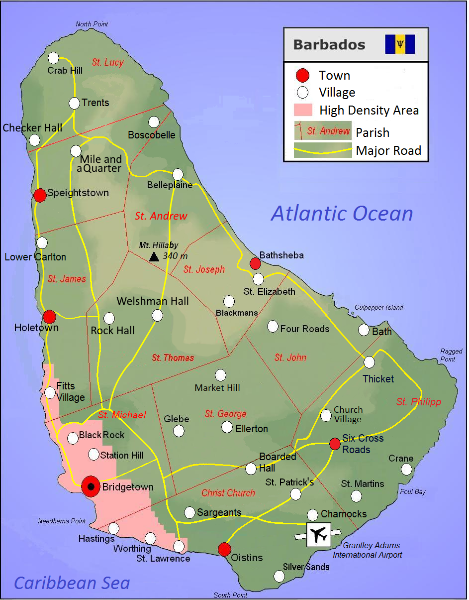 Map of Barbados showing its parishes and main towns.