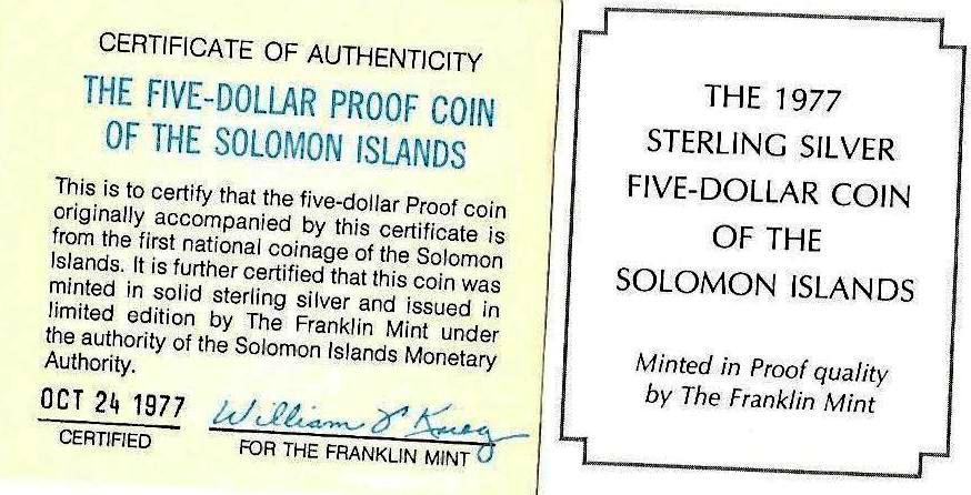Syiling Bukti Lima Dolar Kepulauan Solomon 24 Oktober 1977