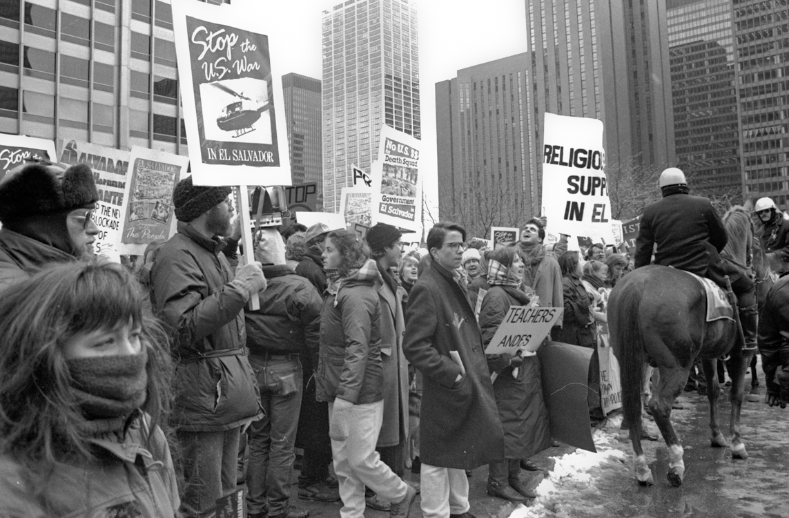 A protest in Chicago, Illinois, in March 1989 against U.S. involvement in the Salvadoran Civil War, reflecting international concern over the conflict and human rights abuses.
