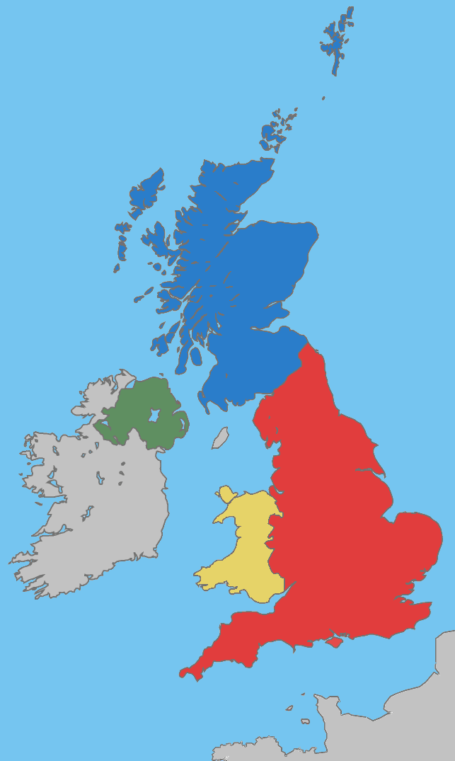 Peta Britania Raya; Inggris (merah), Wales (kuning), Skotlandia (biru), dan Irlandia Utara (hijau).