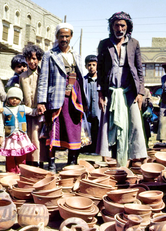 Yemeni men in traditional attire, including the jambiya, in 1987.