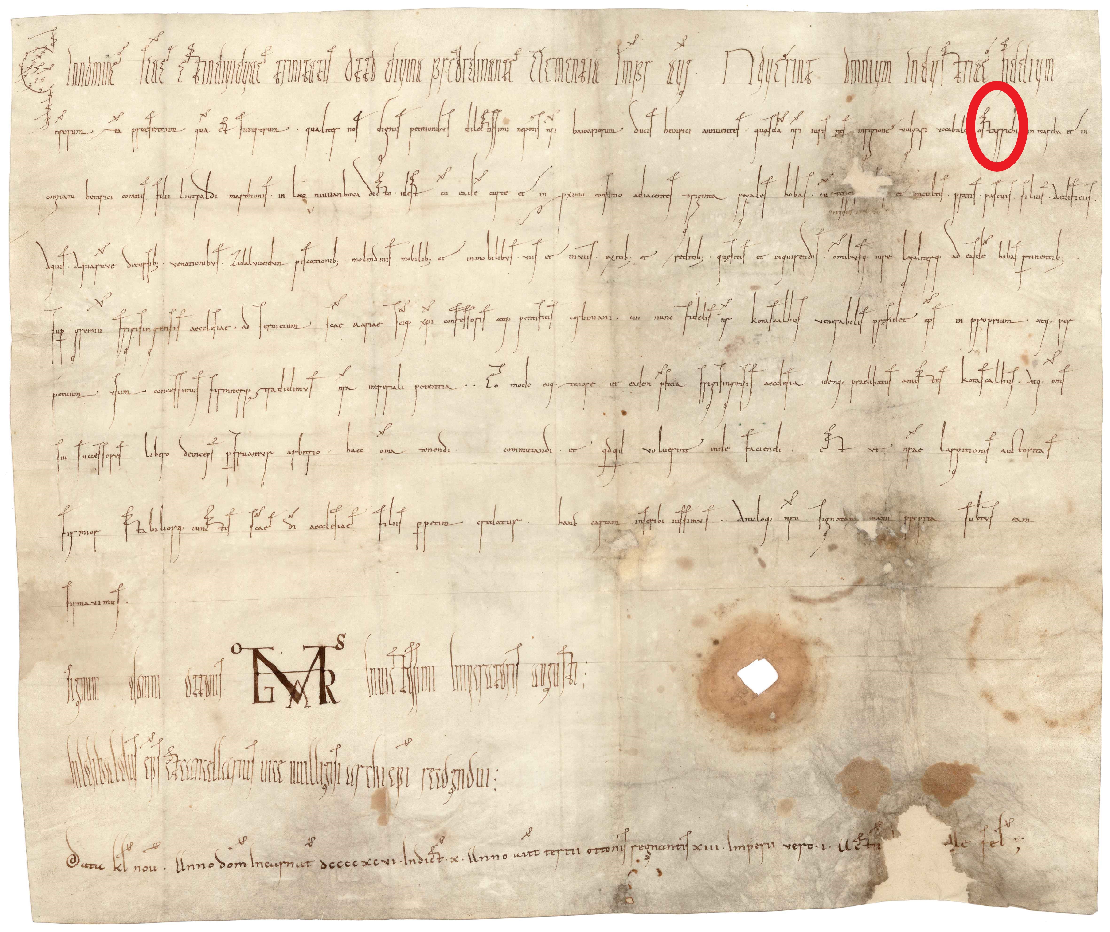 The Ostarrîchi Document, dated 996, showing the first known written use of the name Ostarrîchi for Austria (circled).