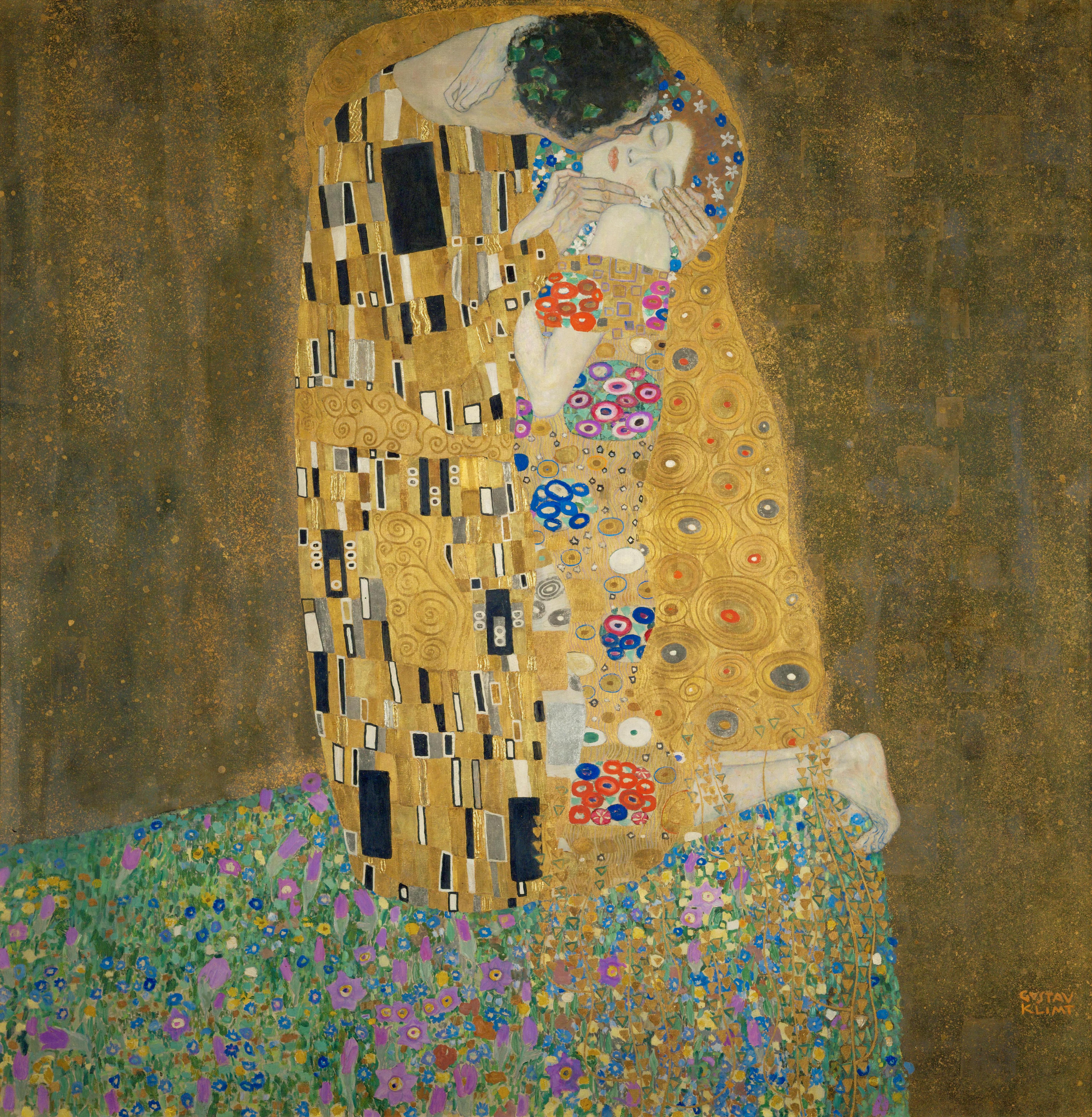 The Kiss (1907-08) by Gustav Klimt, a quintessential work of Austrian Art Nouveau (Jugendstil).