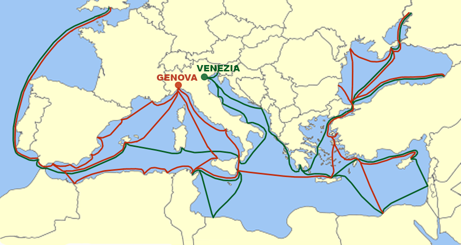Trade routes and colonies of the Genoese (red) and Venetian (green) maritime republics, showcasing their extensive commercial networks in the Mediterranean and Black Sea.