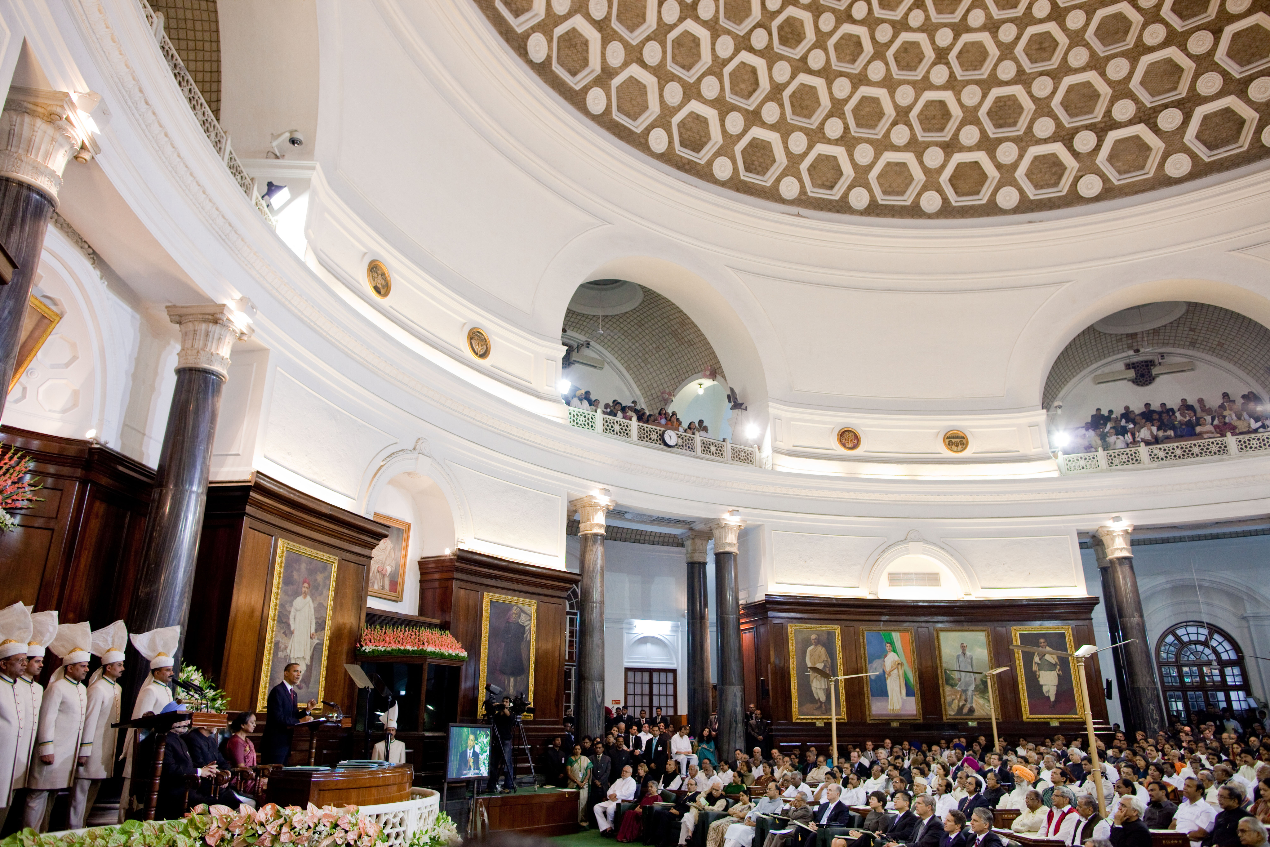 US president Barack Obama addresses the members of the Parliament of India in New Delhi in November 2010, highlighting international diplomatic engagement and India's role in global democracy.