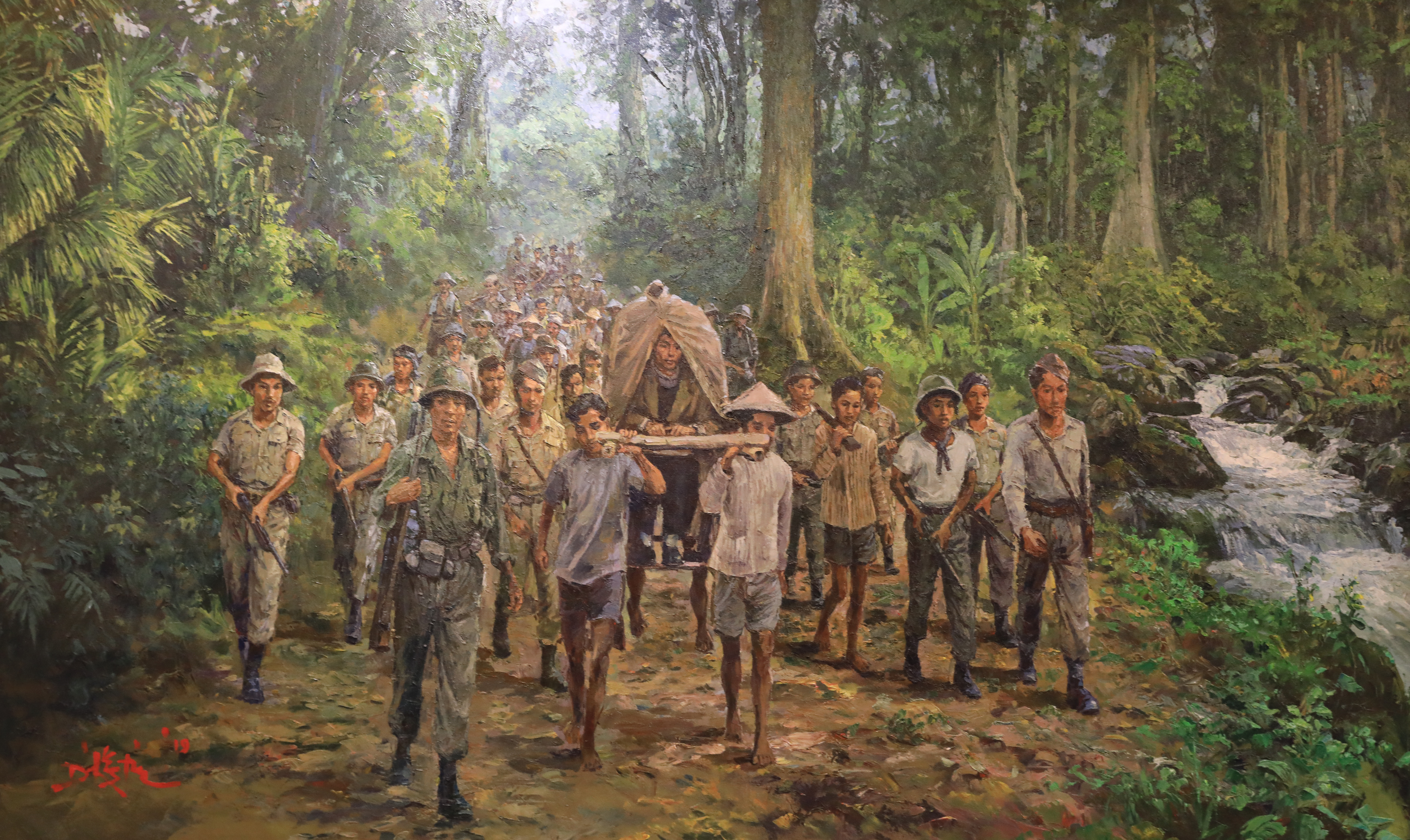 Lukisan Sudirman yang sedang ditandu sambil memimpin pasukan gerila. Dilukis oleh Hardjanto.