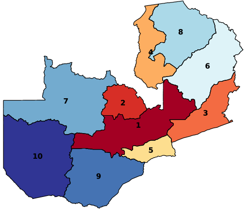 Peta pembagian administratif provinsi di Zambia. Setiap provinsi memiliki menteri dan ibu kota sendiri, dan dibagi lagi menjadi distrik-distrik.