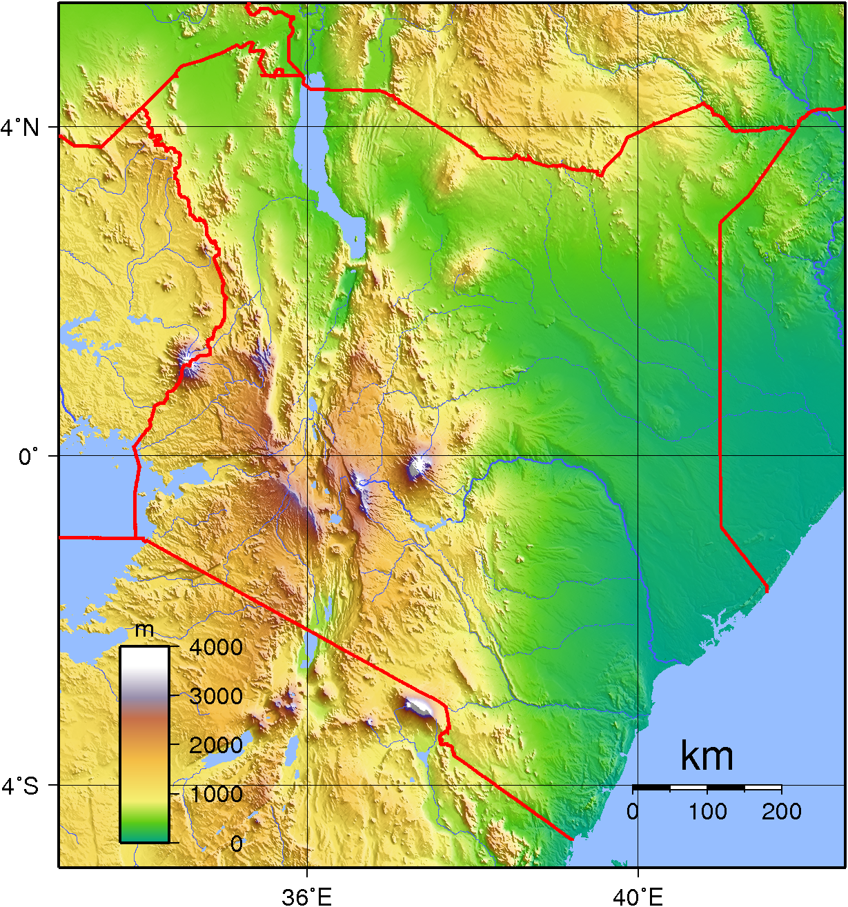 Peta topografi Kenya.
