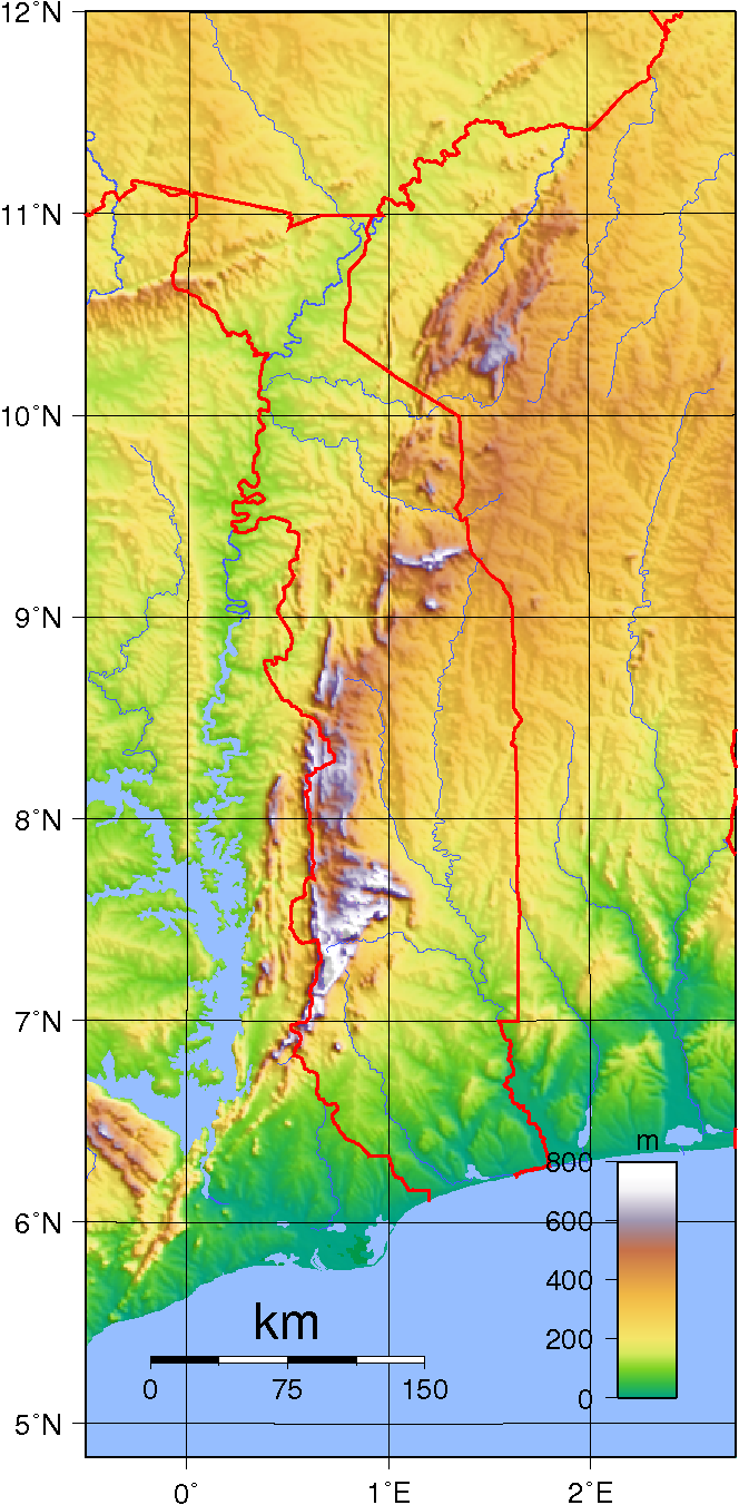 แผนที่ภูมิประเทศของโตโก