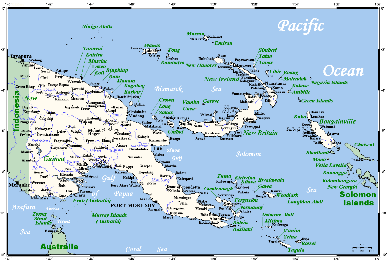 Peta topografi Papua New Guinea menunjukkan banjaran gunung utama.