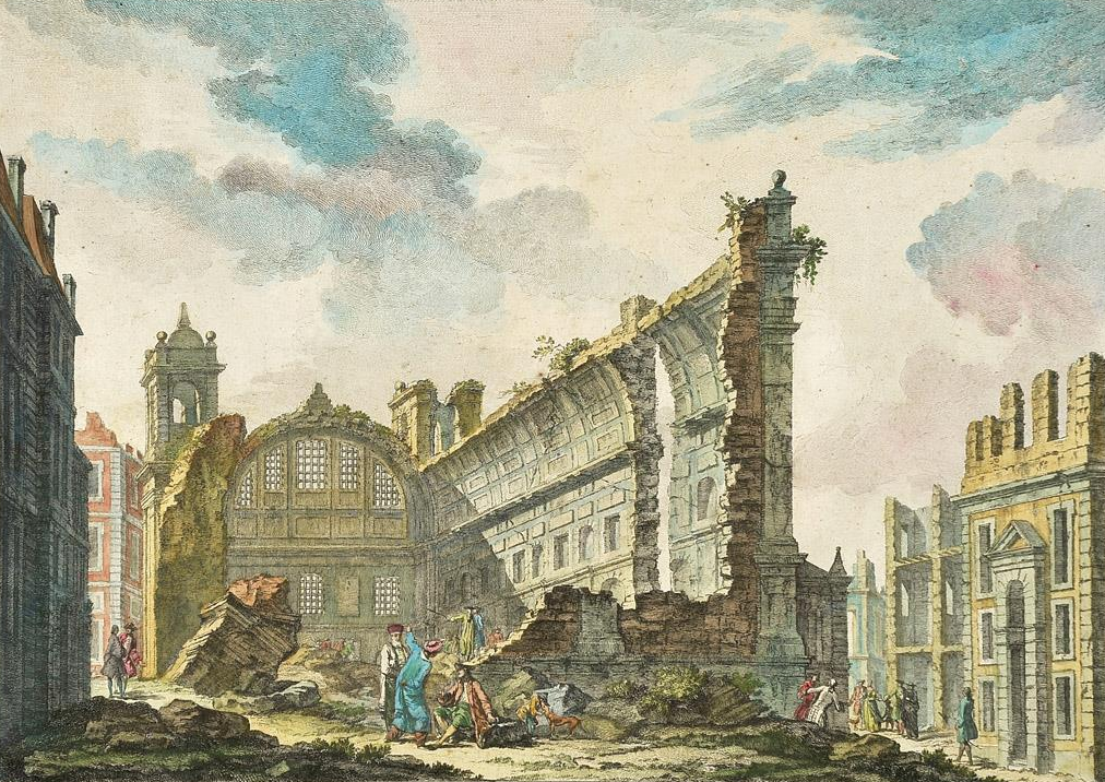 Reruntuhan Gereja S. Nicolau setelah Gempa Bumi Lisboa 1755.