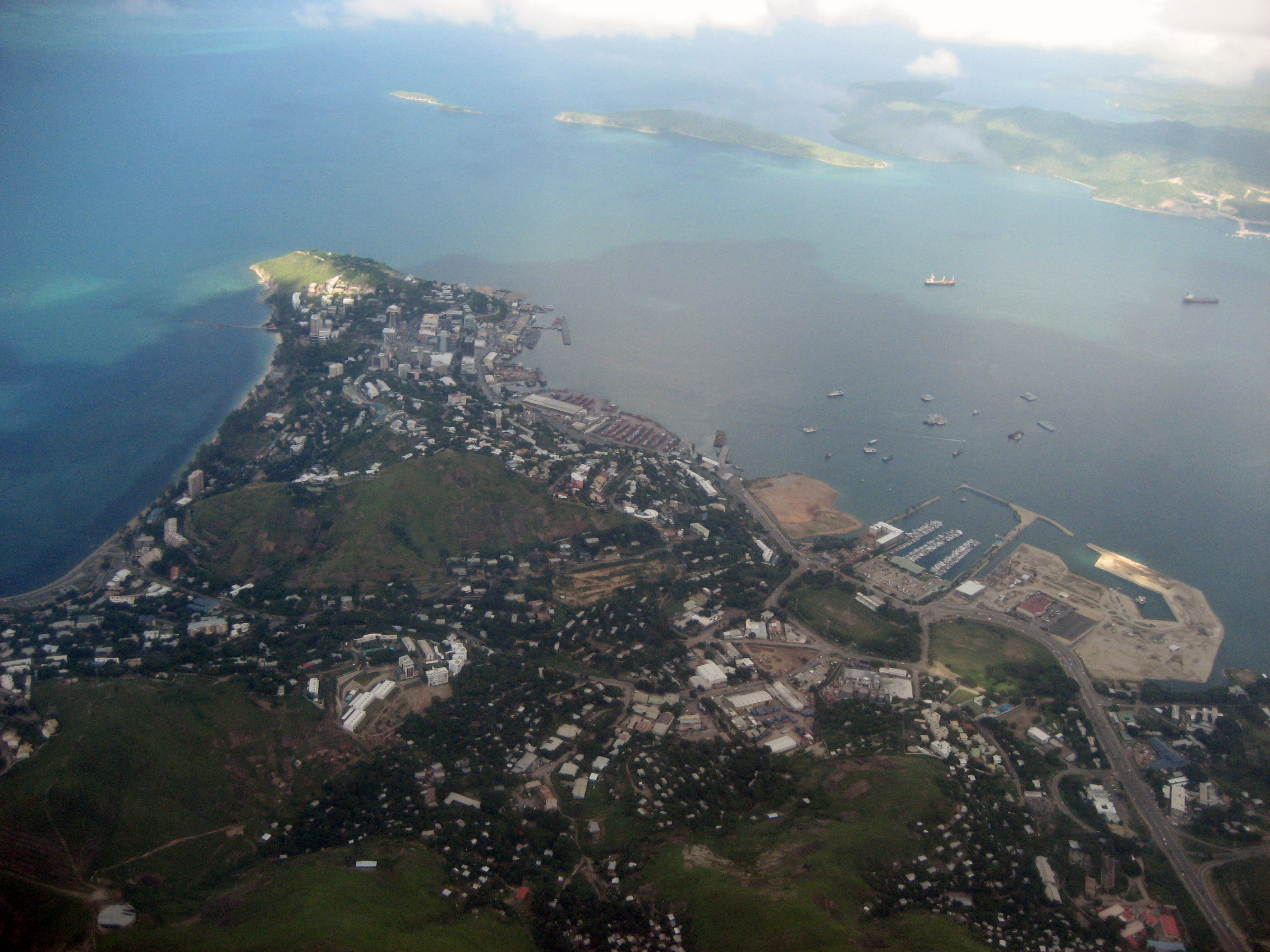 Aerial view of Port Moresby, the capital and largest urban center of Papua New Guinea.