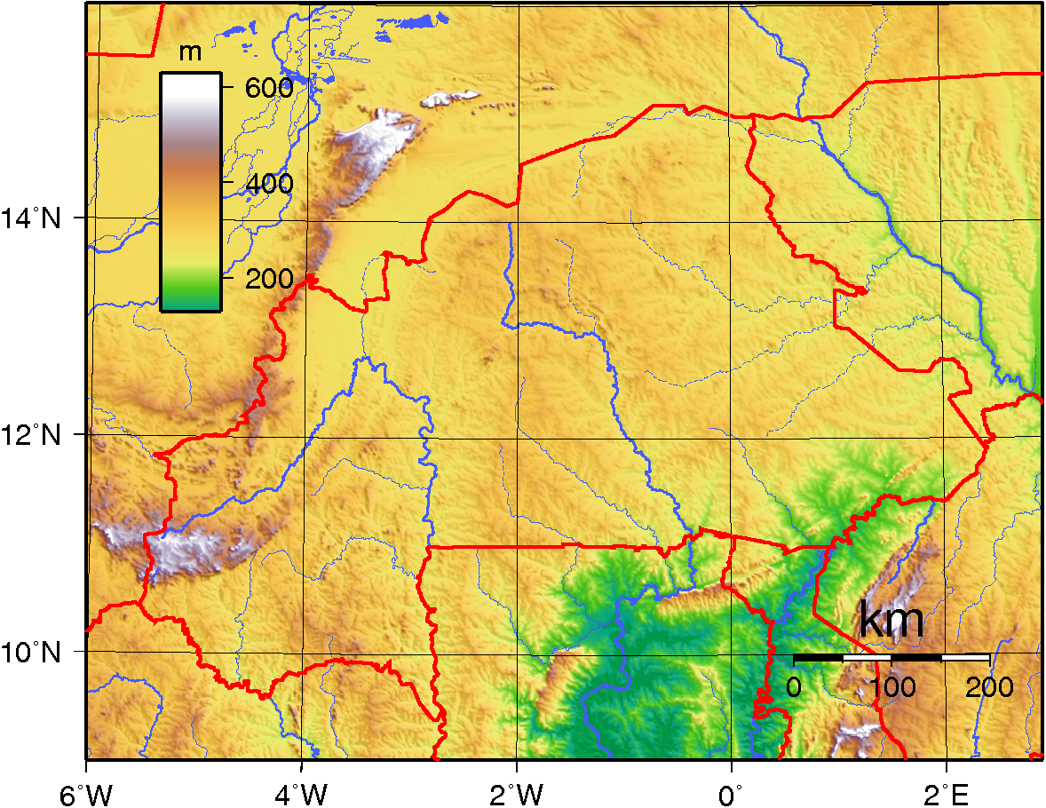 Peta topografi Burkina Faso.
