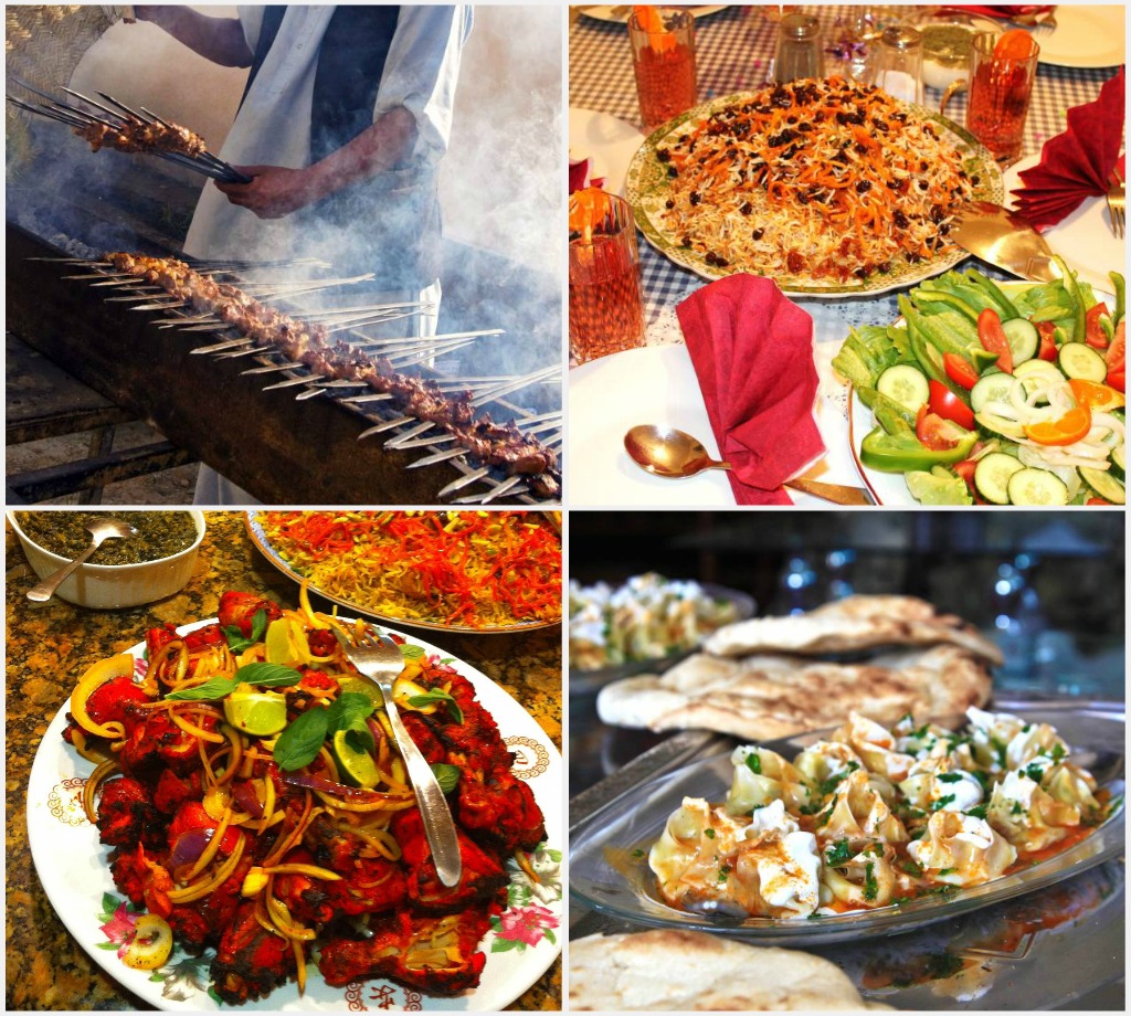 A selection of Afghan dishes (clockwise from top left): 1. Seekh Kabab; 2. Pulao and salad; 3. Chicken tandoori; and 4. Mantu.