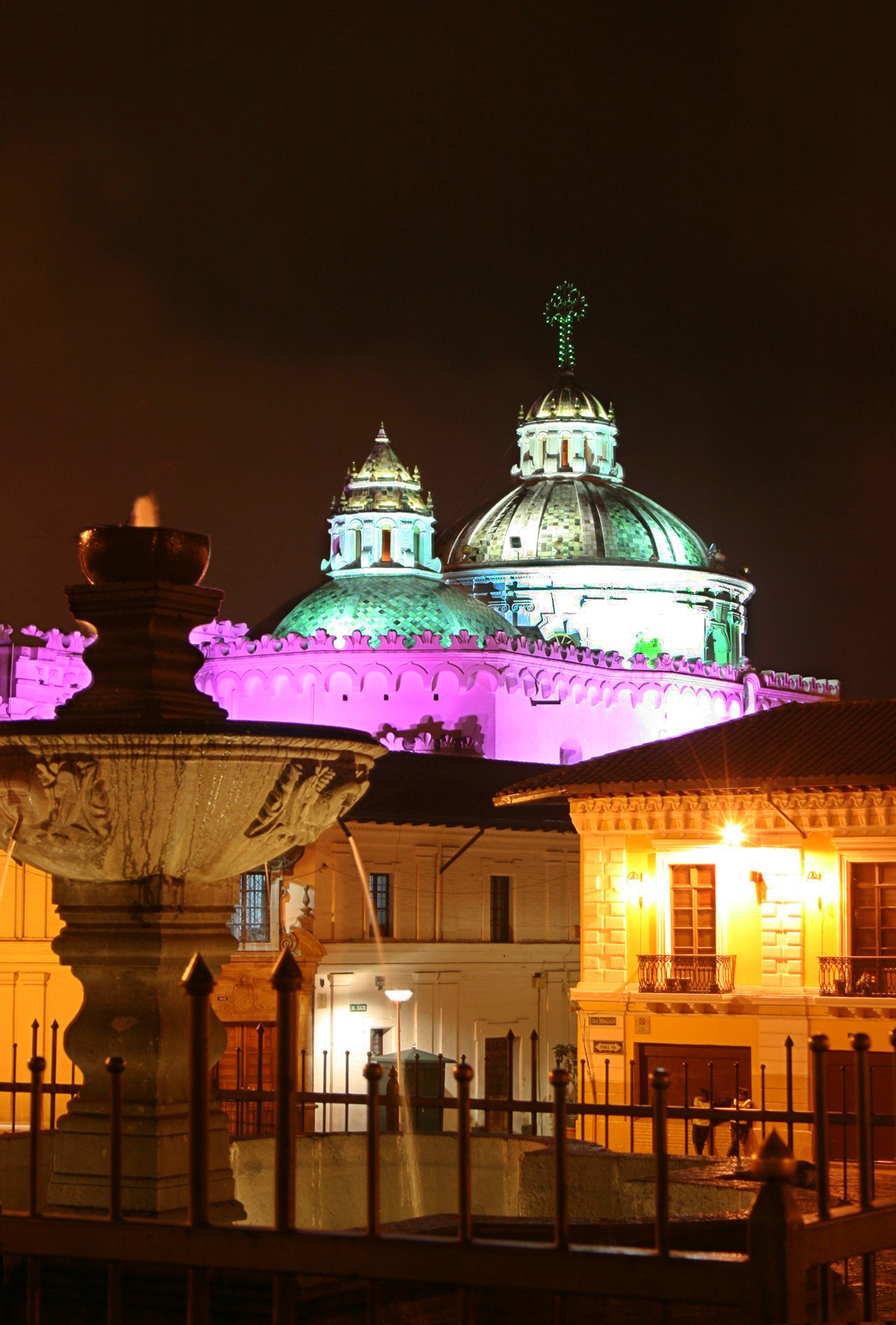 Historic center of Quito at night, Ecuador's capital and a UNESCO World Heritage Site.