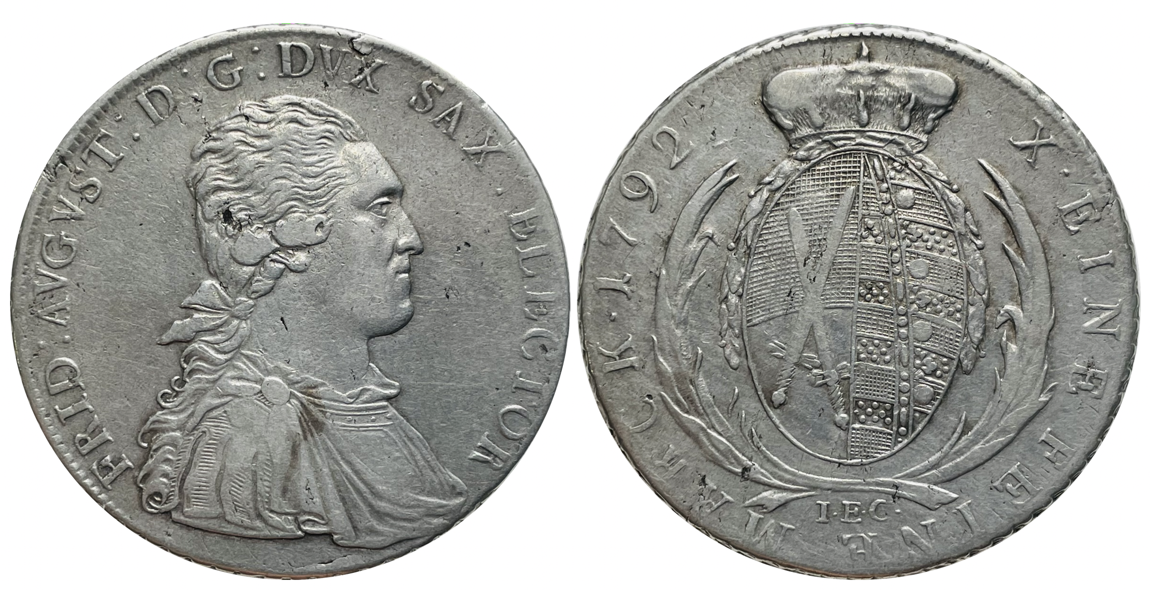 Duit perak: 1 conventionthaler dari Elektorat Saxony, dengan potret Frederick Augustus I, bertarikh 1792.