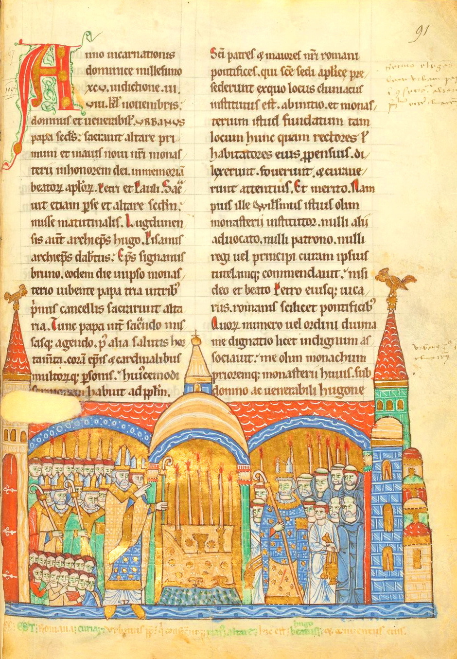 Pope Urban II consecrating the altar of Cluny in the presence of Hugh (c. 1115).
