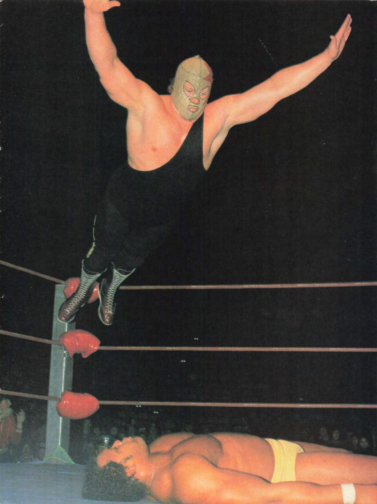 Irwin (trên) thực hiện cú splash lên Butch Reed (dưới) vào năm 1983.
