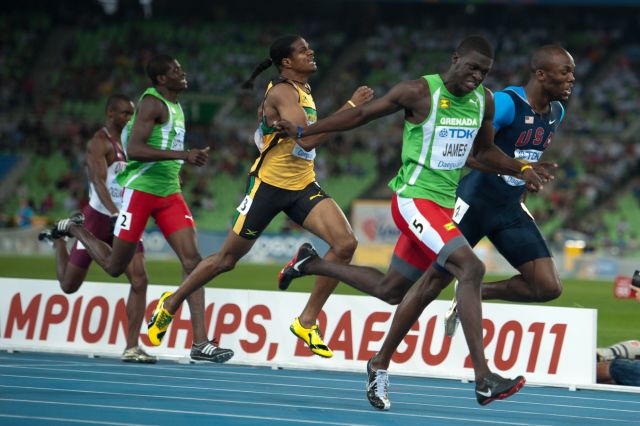 Merritt (paling kanan) di final 400 meter Kejuaraan Dunia Atletik 2011 di Daegu.