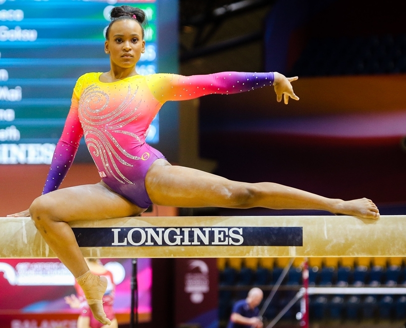 Andrade on the balance beam at the 2018 World Championships.