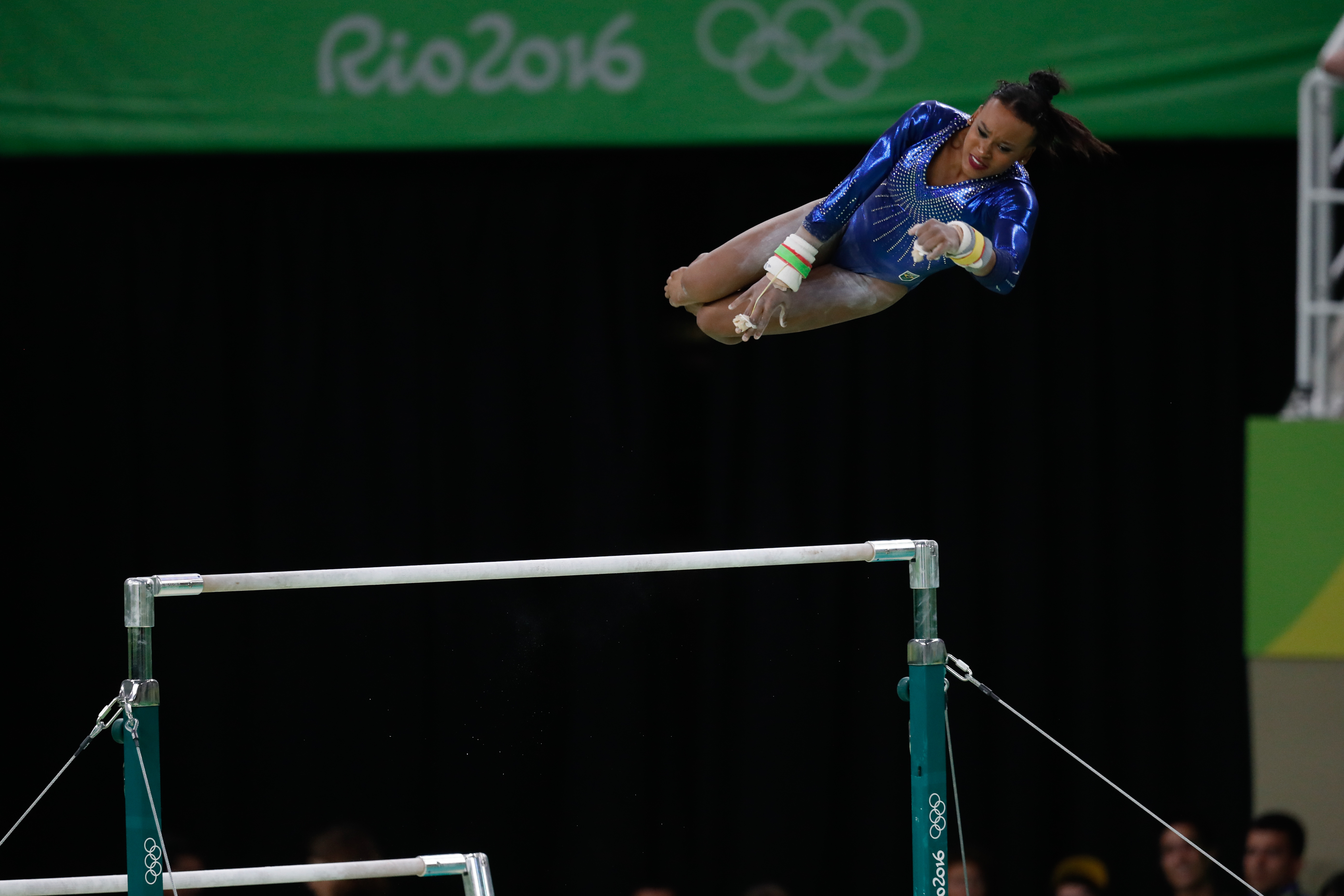 Andrade performing her uneven bars dismount at the 2016 Olympic Games.