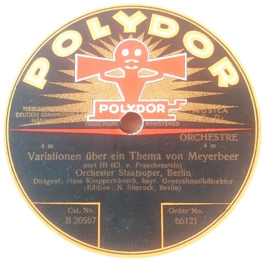 クナッパーツブッシュ指揮によるフランケンシュタイン『マイアベーアの主題による変奏曲』(1924年録音)のSPレコード・レーベル面