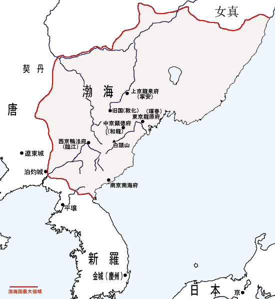 Estimated territorial extent of the Balhae kingdom (Daejin) (light blue) and Lesser Goguryeo (dark blue) during Wu Zetian's reign, resisting the Zhou dynasty.