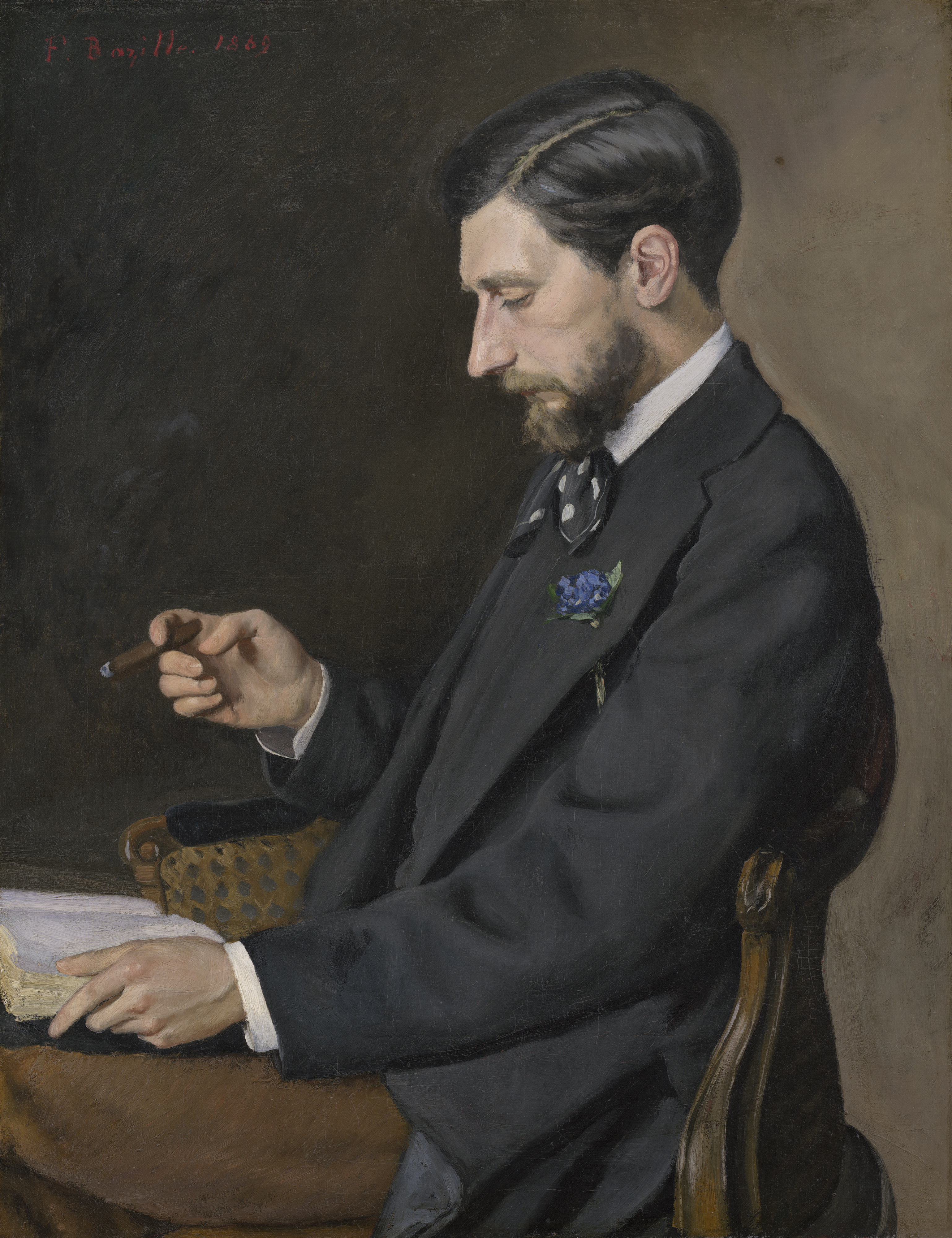 Potret Edmond Maître, (1869), National Gallery of Art. Maître adalah teman dekat Bazille dan penggemar musik Wagner.
