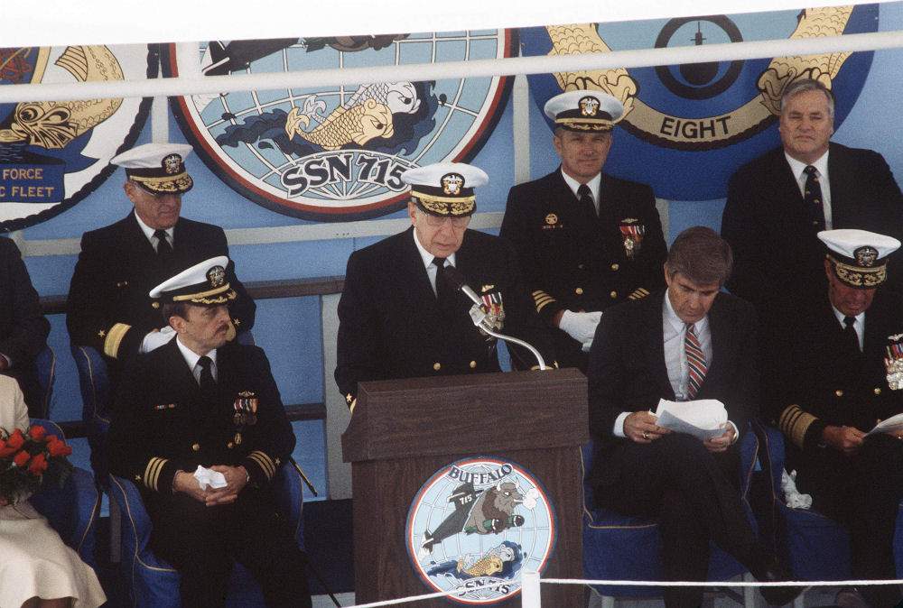 Kemp and naval officers aboard the USS Buffalo during its commissioning in October 1980.