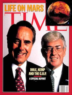 The cover of Time magazine featuring Bob Dole and Jack Kemp in August 1996. The inset shows the story about the discovery of life on Mars, highlighting the close call for the cover feature.